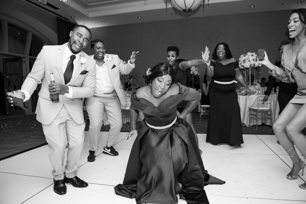Wedding guests dance at the reception